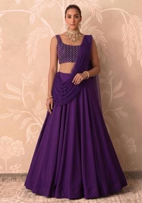Purple Embroidered Silk Blend Lehenga Set