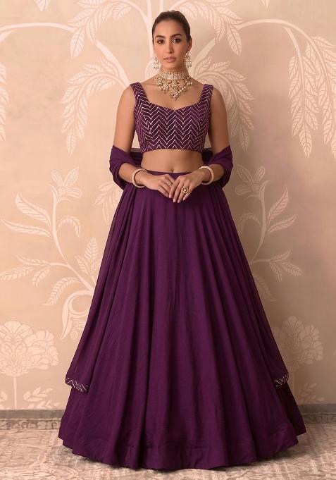 Dark Purple Embroidered Silk Lehenga Set