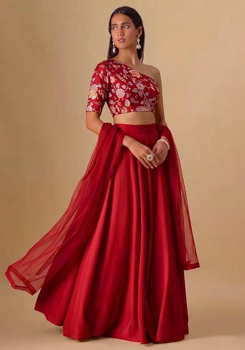 Red Printed Silk Lehenga Set
