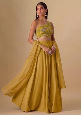 Yellow Printed Silk Lehenga Set