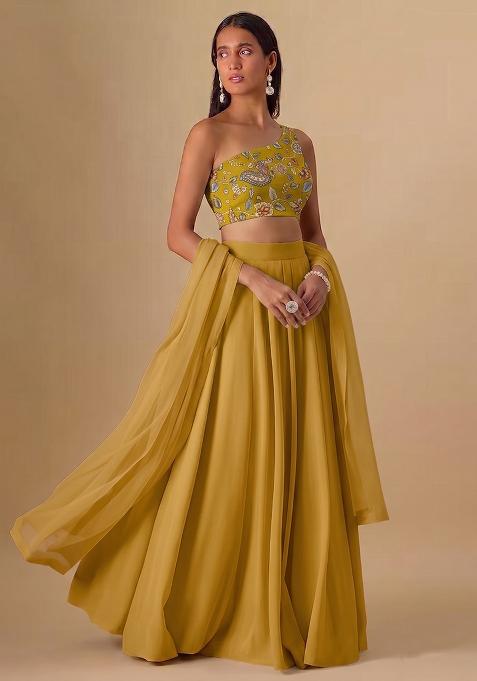 Yellow Printed Silk Lehenga Set