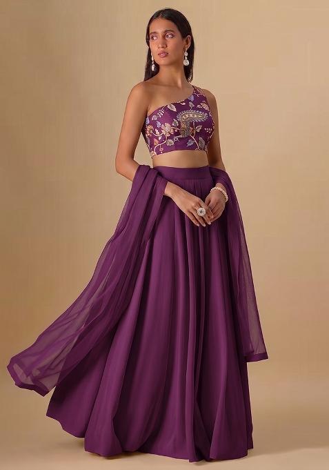 Purple Printed Silk Lehenga Set