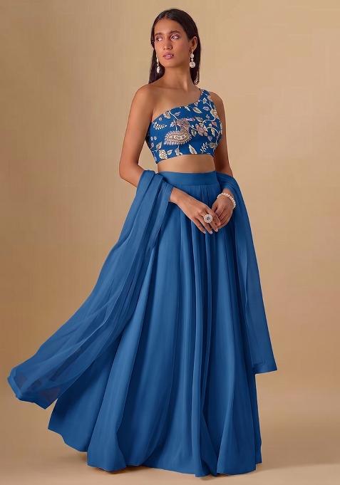 Blue Printed Silk Lehenga Set