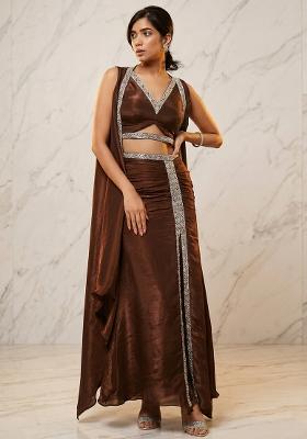 Brown Embroidered Handwork Fusion Set