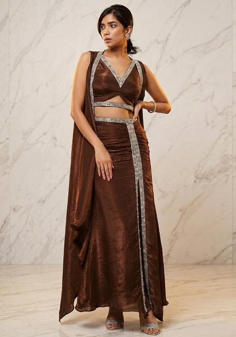 Brown Embroidered Handwork Fusion Set