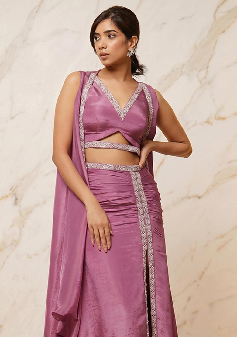 Mauve Embroidered Handwork Fusion Set - Indya