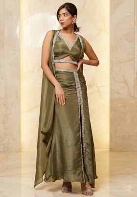 Olive Embroidered Handwork Fusion Set