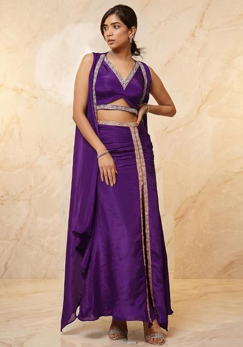 Purple Embroidered Handwork Fusion Set