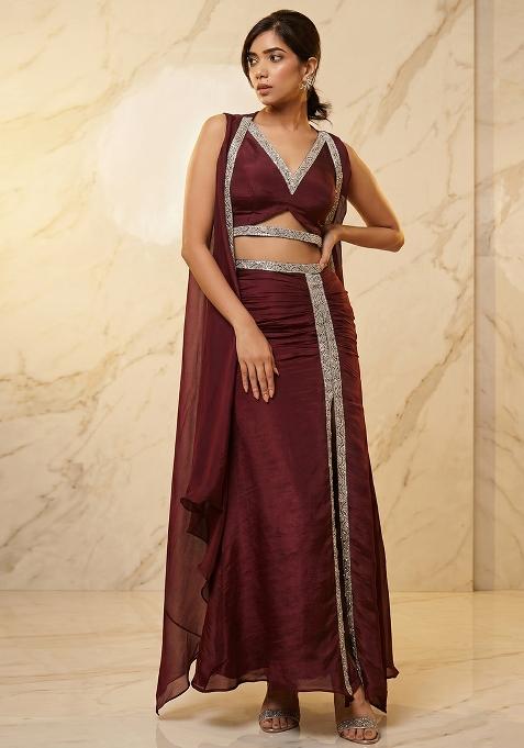 Wine Embroidered Handwork Fusion Set