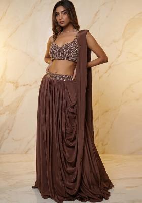 Brown Embroidered Handwork Fusion Set