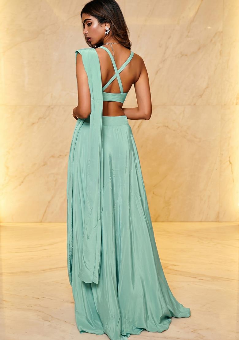 Mint Embroidered Handwork Fusion Set - Indya