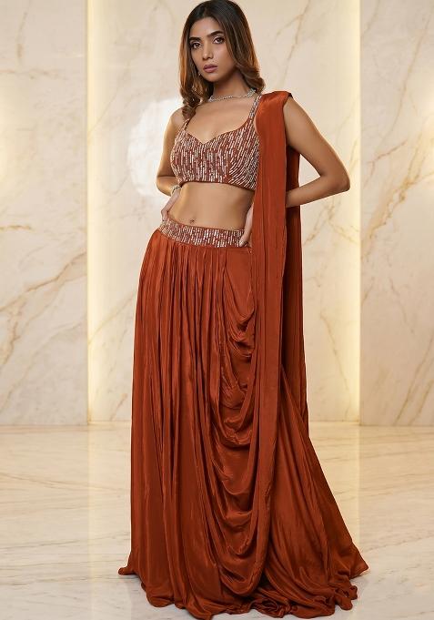 Rust Embroidered Handwork Fusion Set
