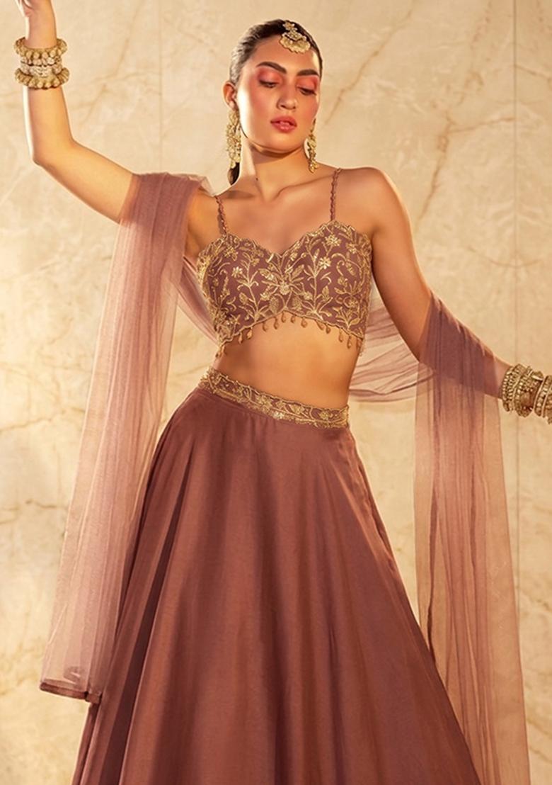 Brown Embroidered Handwork Lehenga Set - Indya