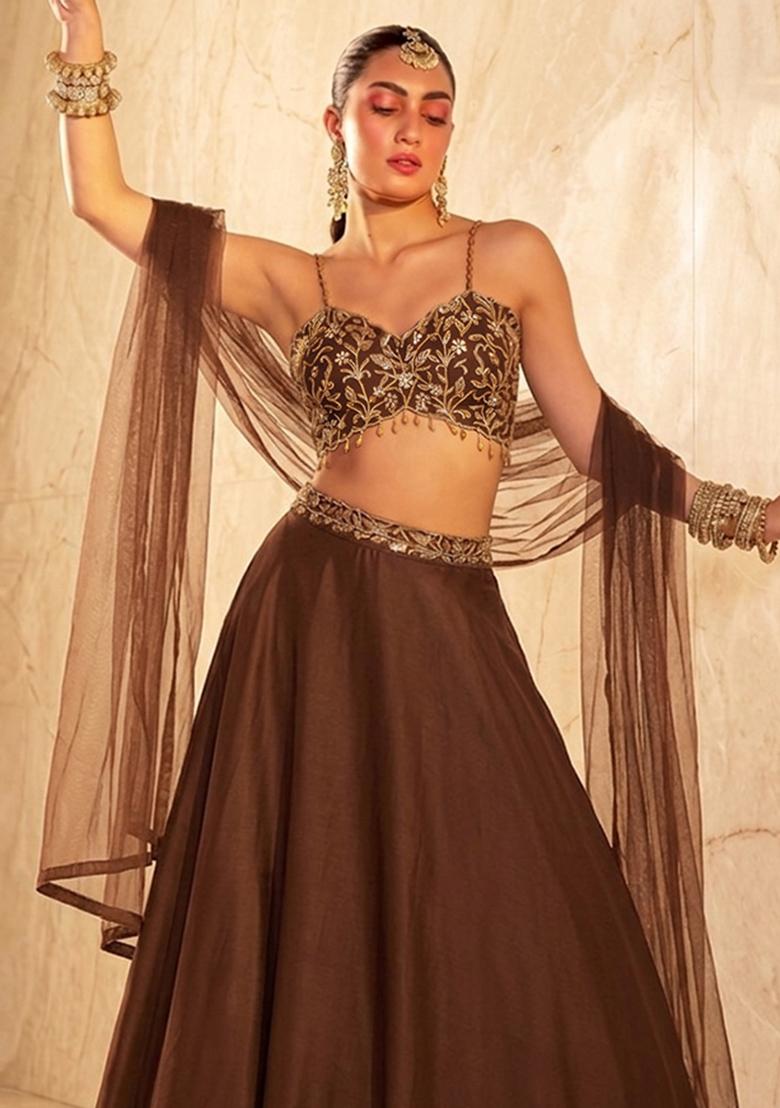 Dark Brown Embroidered Handwork Lehenga Set - Indya