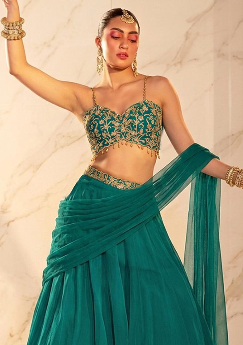 Green Embroidered Handwork Lehenga Set - Indya
