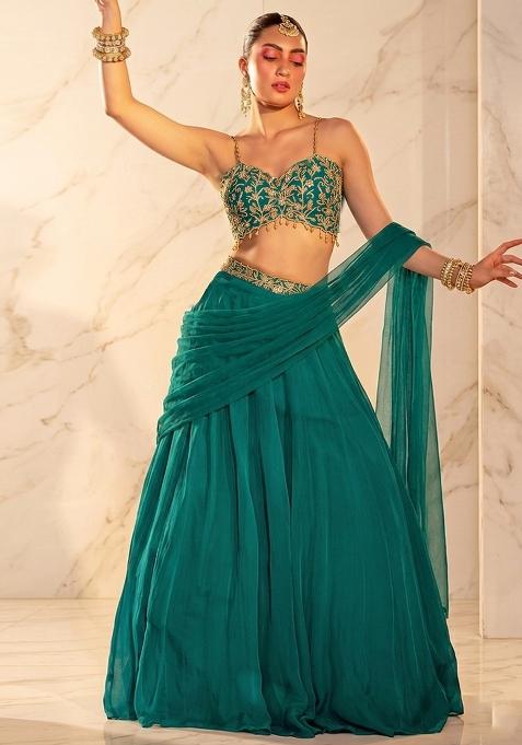 Green Embroidered Handwork Lehenga Set