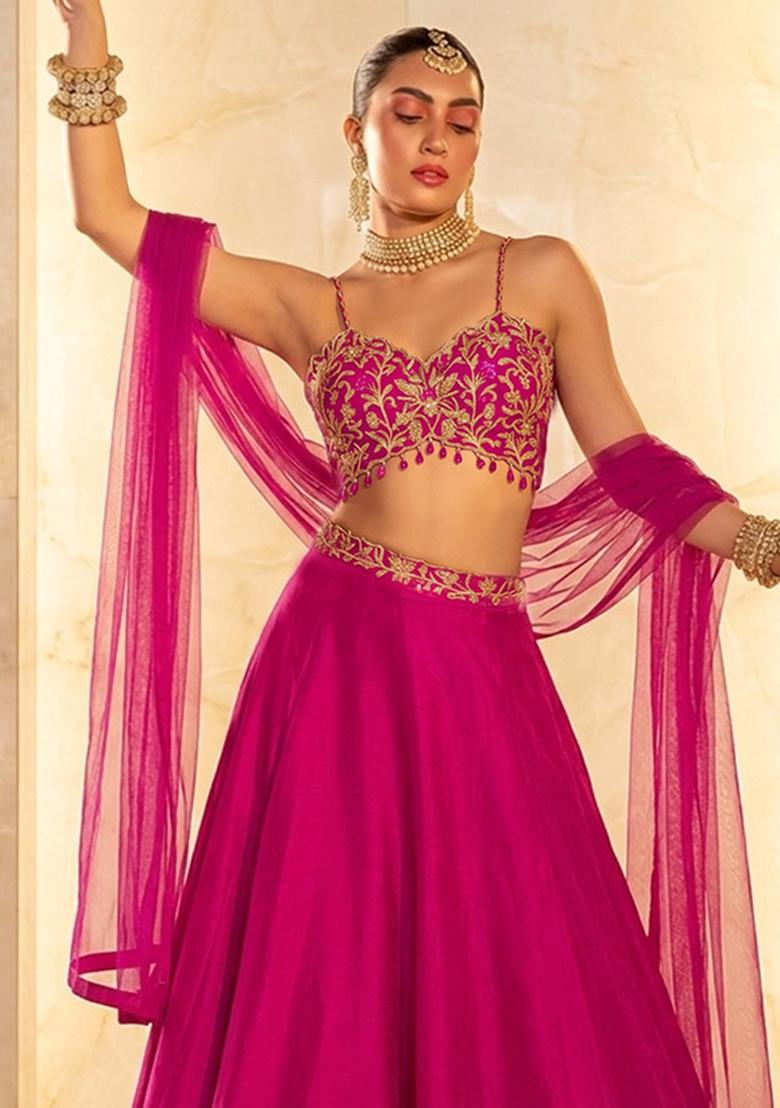 Hot Pink Embroidered Handwork Lehenga Set - Indya