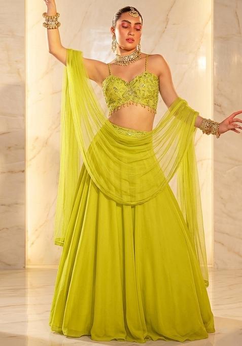 Lime Green Embroidered Handwork Lehenga Set