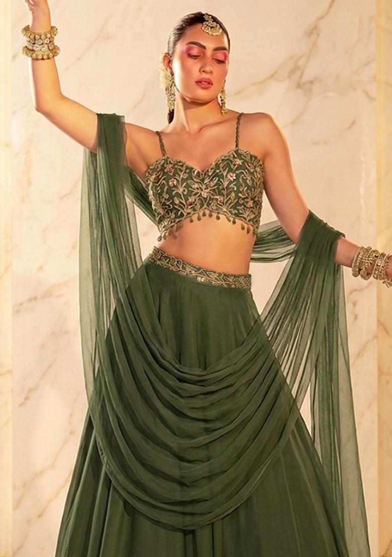 Olive Embroidered Handwork Lehenga Set - Indya