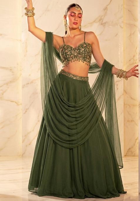 Olive Embroidered Handwork Lehenga Set