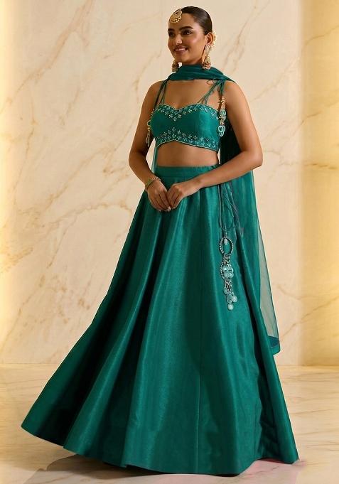Green Embroidered Handwork Lehenga Set