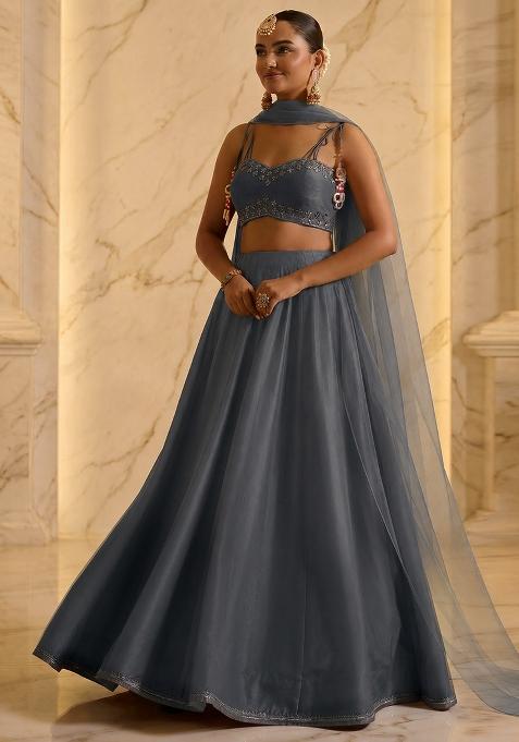 Grey Embroidered Handwork Lehenga Set