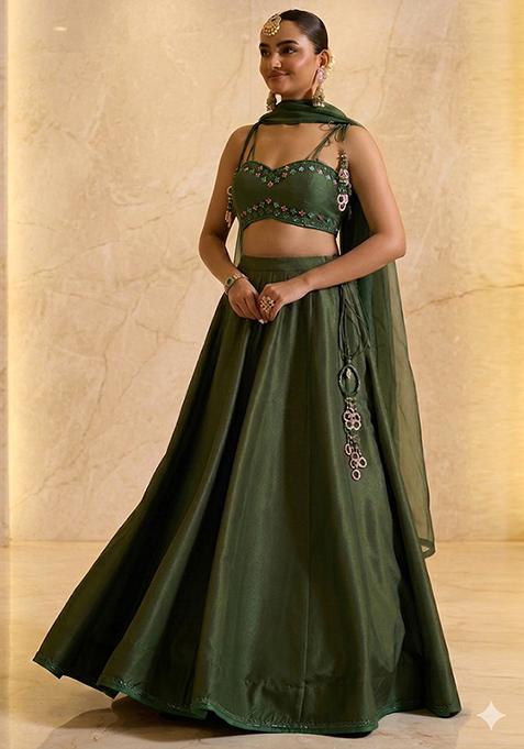 Olive Embroidered Handwork Lehenga Set