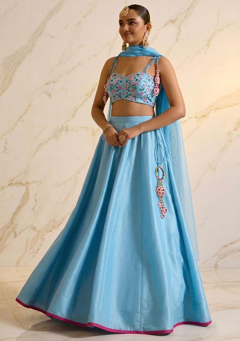 Light Blue Embroidered Handwork Lehenga Set - Indya