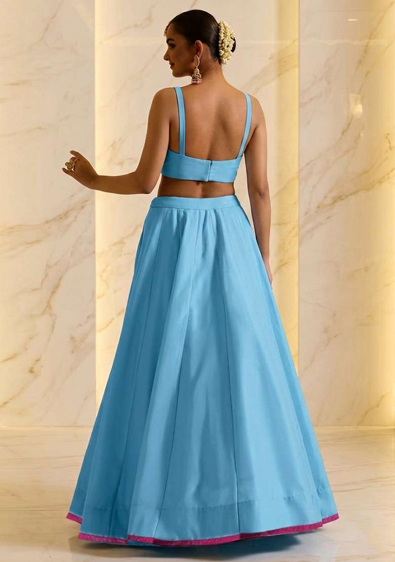 Light Blue Embroidered Handwork Lehenga Set - Indya