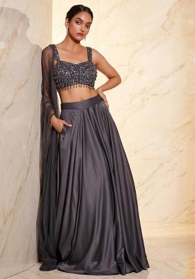 Dark Grey Embroidered Handwork Lehenga Set