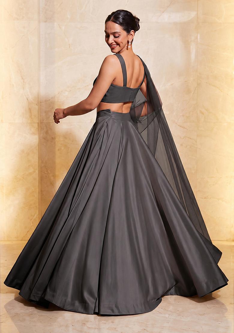 Dark Grey Embroidered Handwork Lehenga Set - Indya