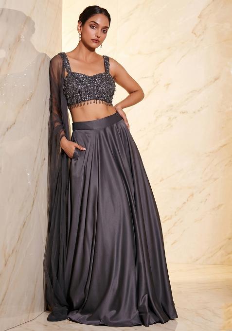 Dark Grey Embroidered Handwork Lehenga Set