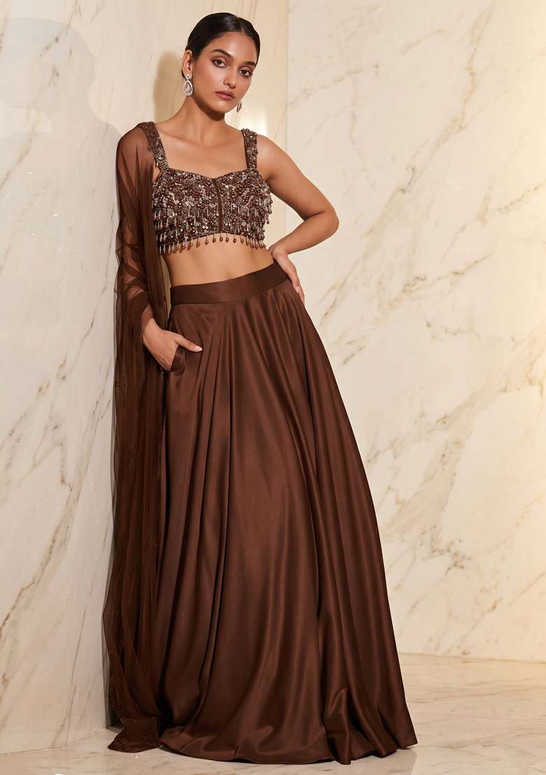 Brown Embroidered Handwork Lehenga Set - Indya