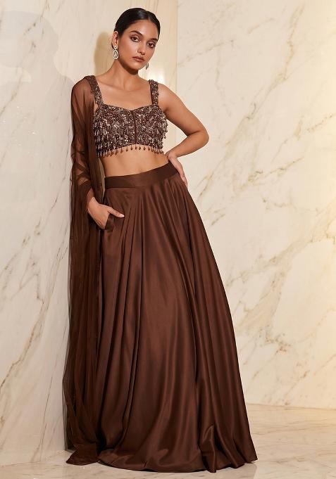 Brown Embroidered Handwork Lehenga Set