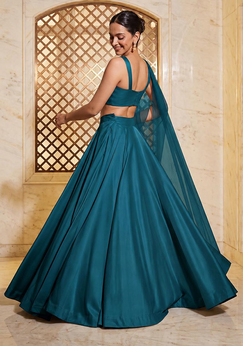 Teal Embroidered Handwork Lehenga Set - Indya