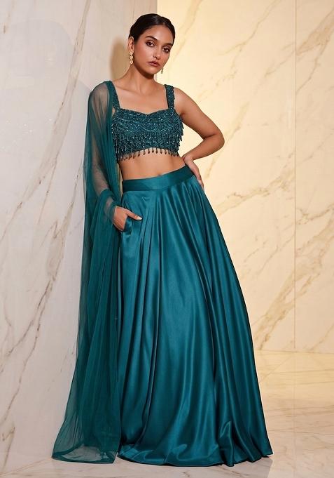 Teal Embroidered Handwork Lehenga Set