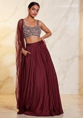 Wine Embroidered Handwork Lehenga Set