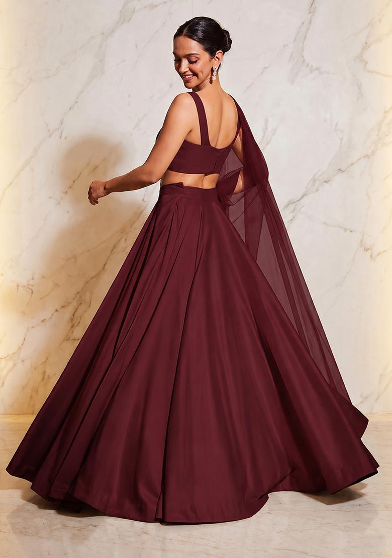 Wine Embroidered Handwork Lehenga Set - Indya