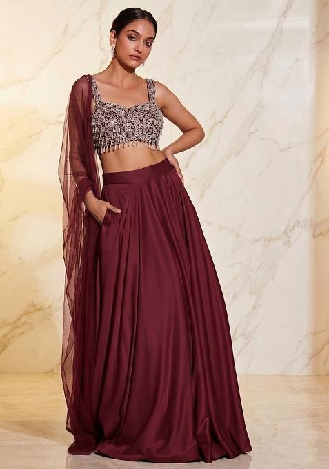 Wine Embroidered Handwork Lehenga Set