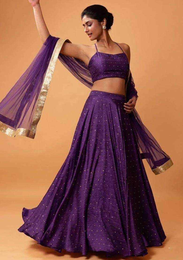 Purple Embroidered Silk Blend Lehenga Set - Indya