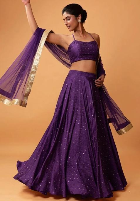 Purple Embroidered Silk Lehenga Set