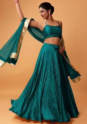 Teal Embroidered Silk Blend Lehenga Set