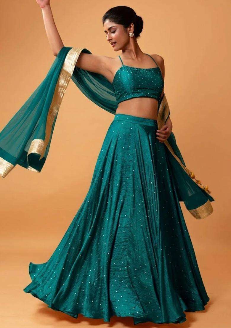Teal Embroidered Silk Blend Lehenga Set - Indya