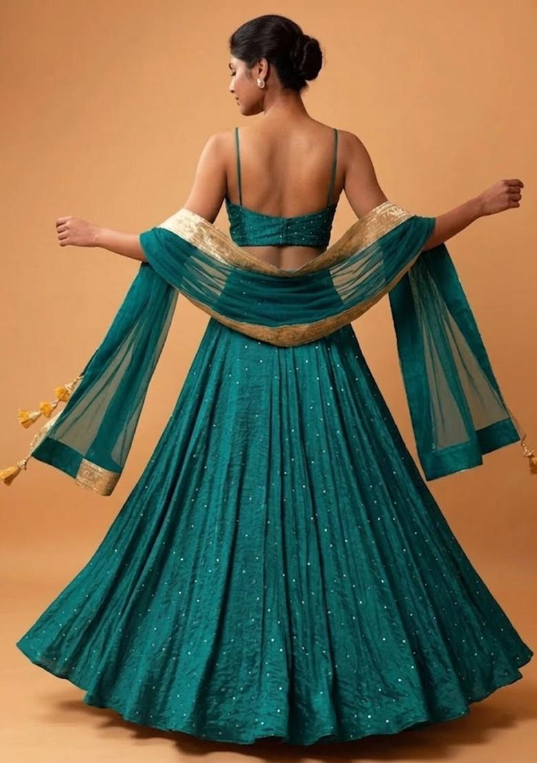 Teal Embroidered Silk Blend Lehenga Set - Indya