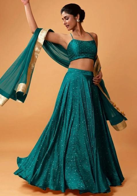 Teal Embroidered Silk Lehenga Set