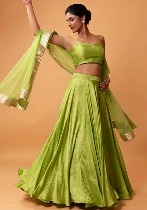 Light Green Embroidered Silk Lehenga Set