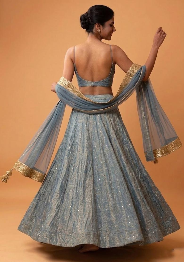 Dusty Blue Embroidered Silk Blend Lehenga Set - Indya