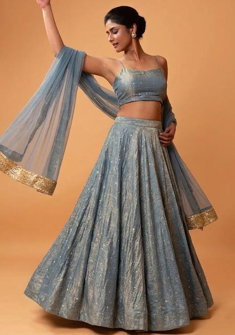 Dusty Blue Embroidered Silk Lehenga Set