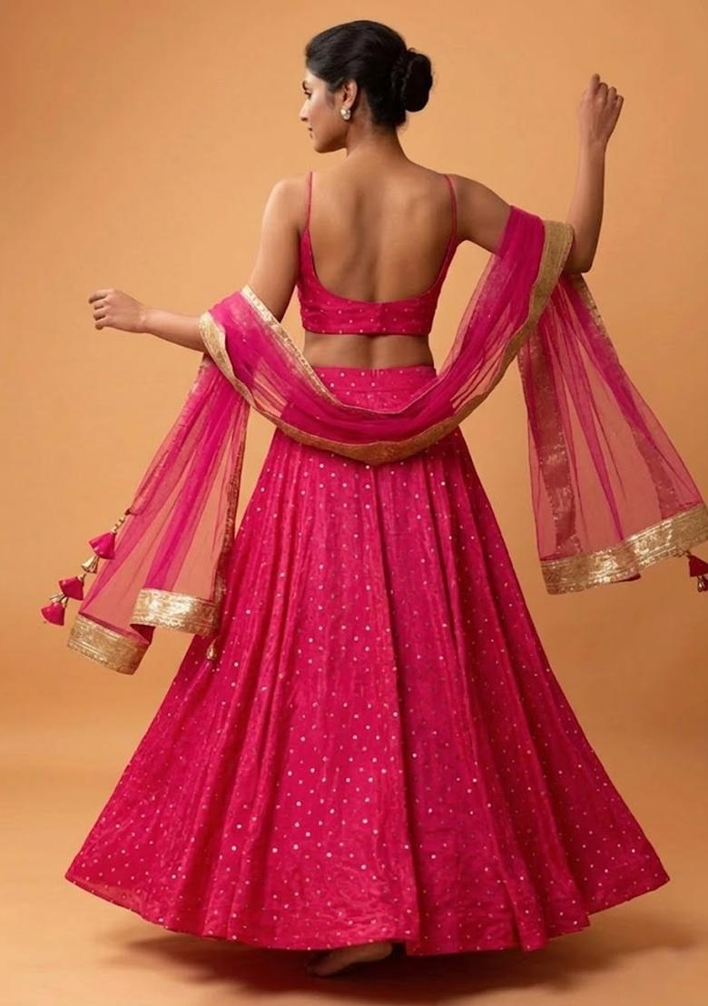 Rani Pink Embroidered Silk Blend Lehenga Set - Indya