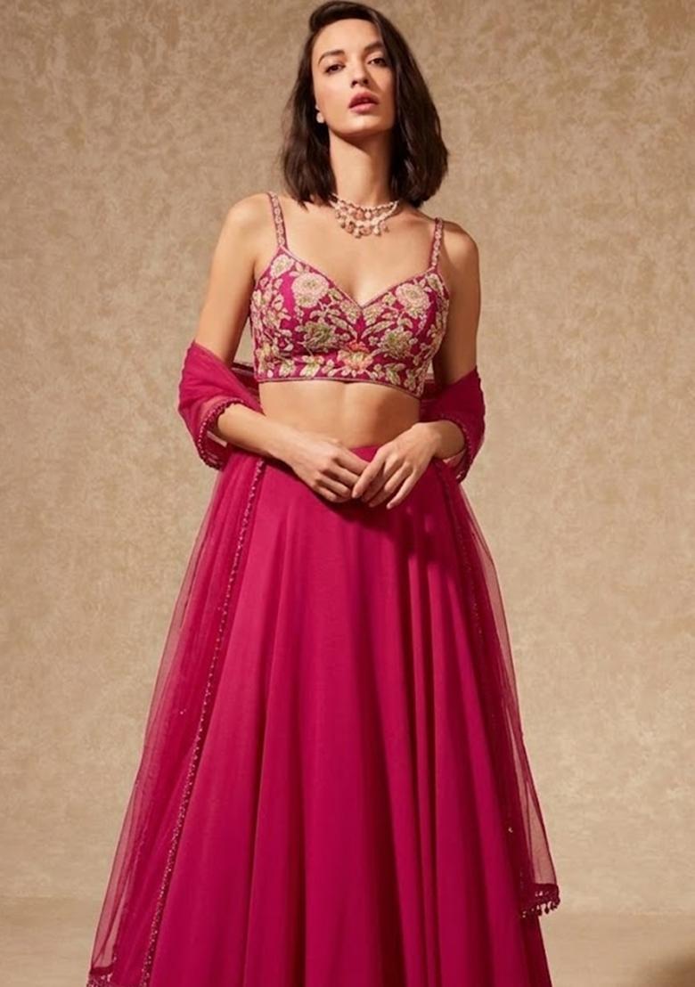 Rani Pink Embroidered Silk Blend Lehenga Set - Indya